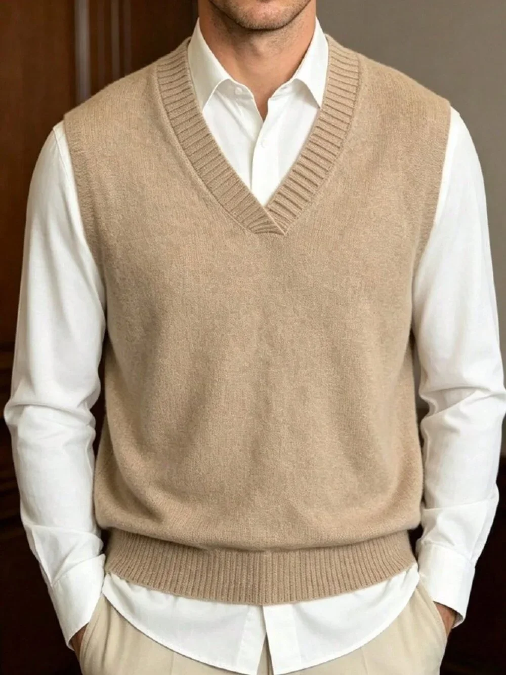 Khaki Casual Men's V-Neck Rib-Knit Split Unlined Pullover Knit Vest